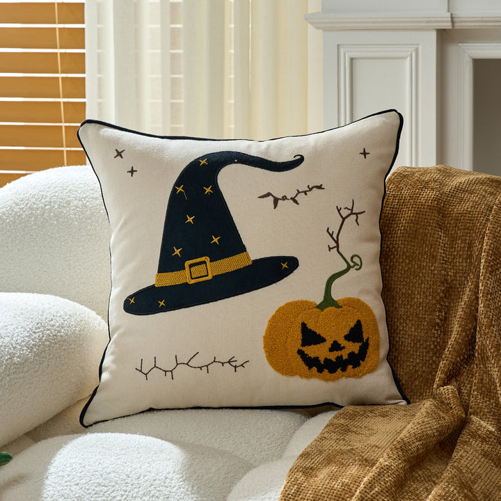 Tufted Chenille Ghost Appliqué Square Cushion Cover with Hidden Zipper