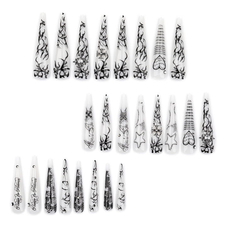 Artful stiletto nails with gothic pattern and embellishments Stornfield