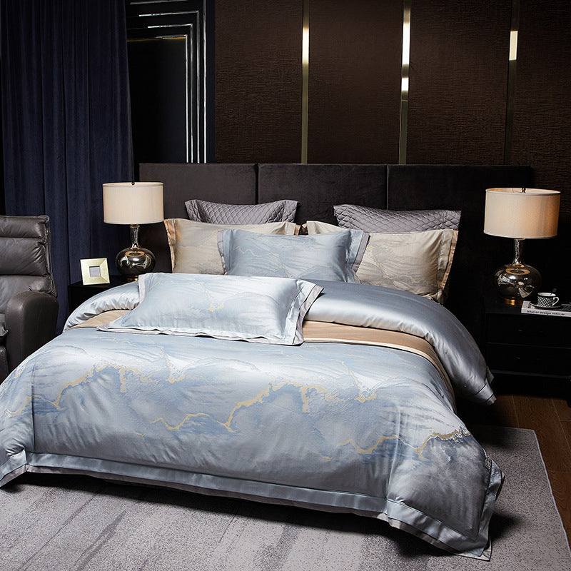 Silky Sateen Marble-Print Duvet Cover Ensemble with Reversible Back and Hidden Corner Ties