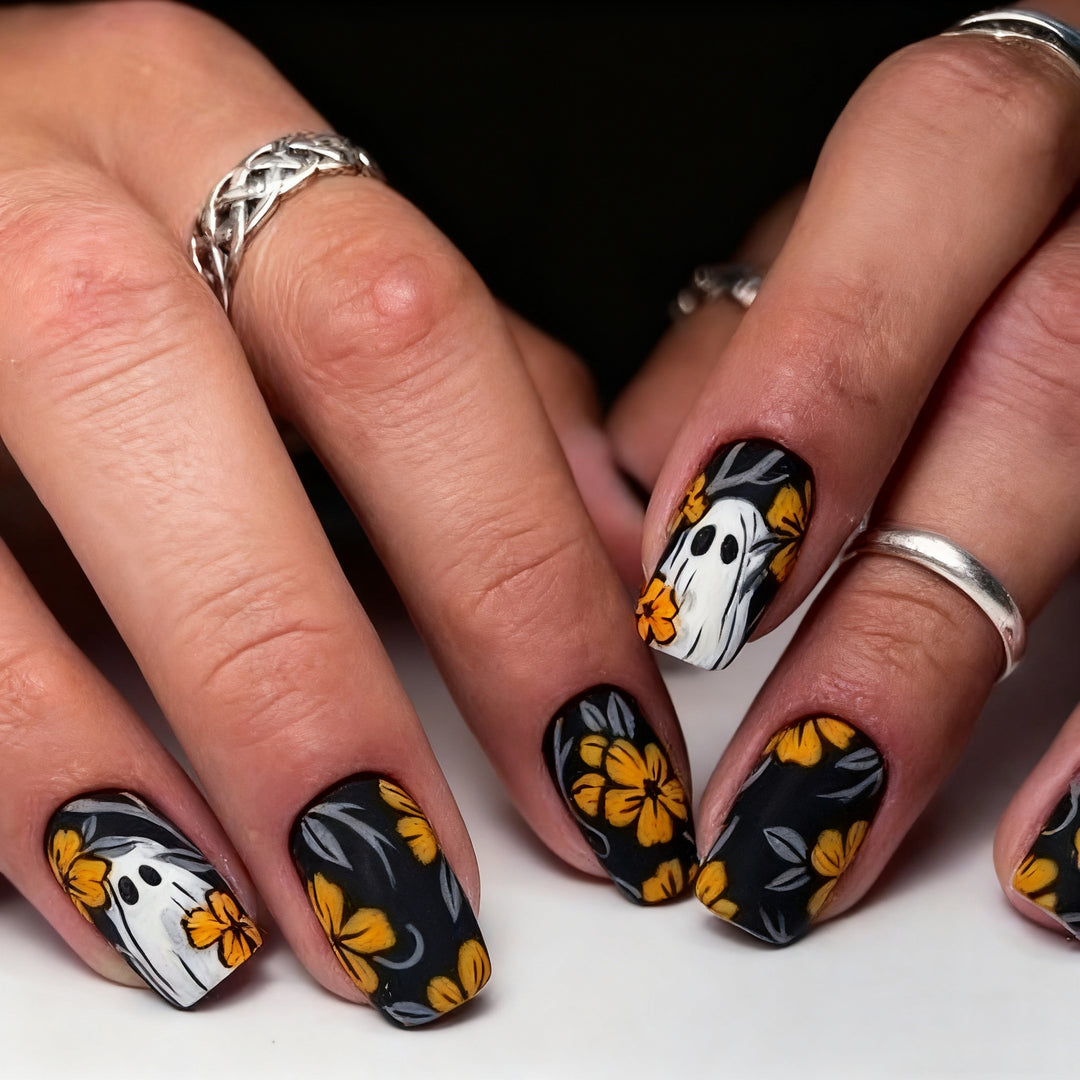 Artistic Floral Ghost-Themed Nail Art Enhancements Stornfield