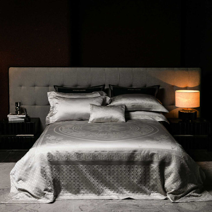Jacquard bedding set made of cotton satin with embossed medallion and pillow ruffle