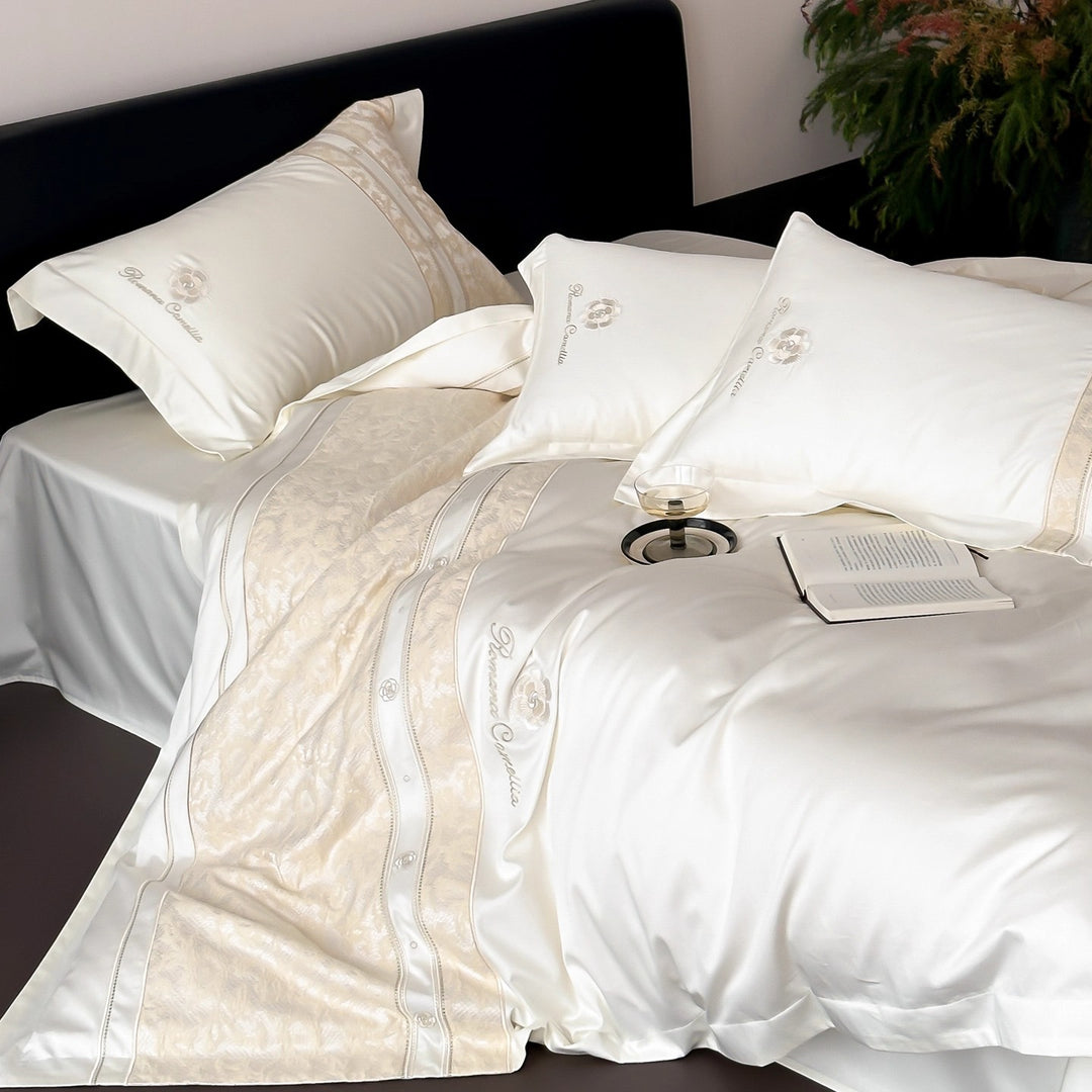 Luxury Embroidered Satin Sheet Set with Jacquard Border and Decorative Pillow Shams