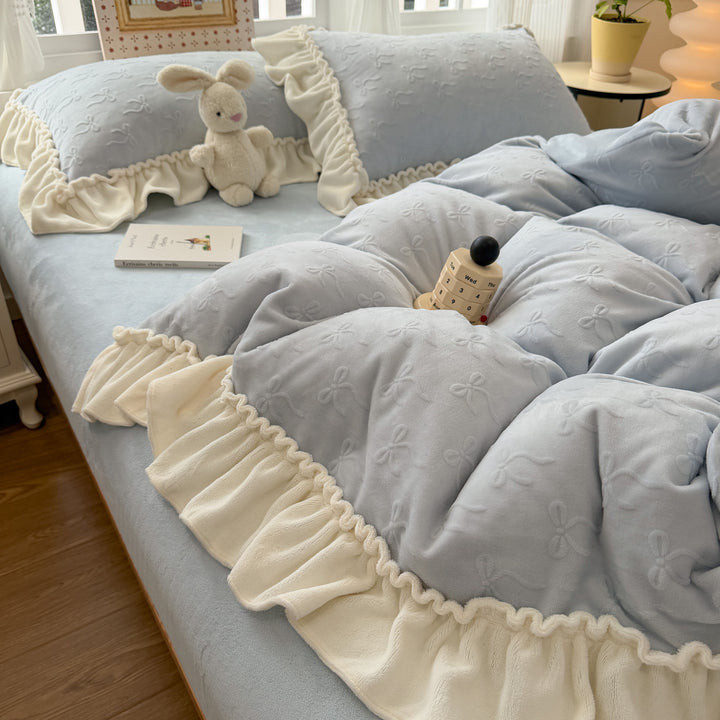Embroidered Plush Quilted Duvet Comforter Set with Ruffled Skirt
