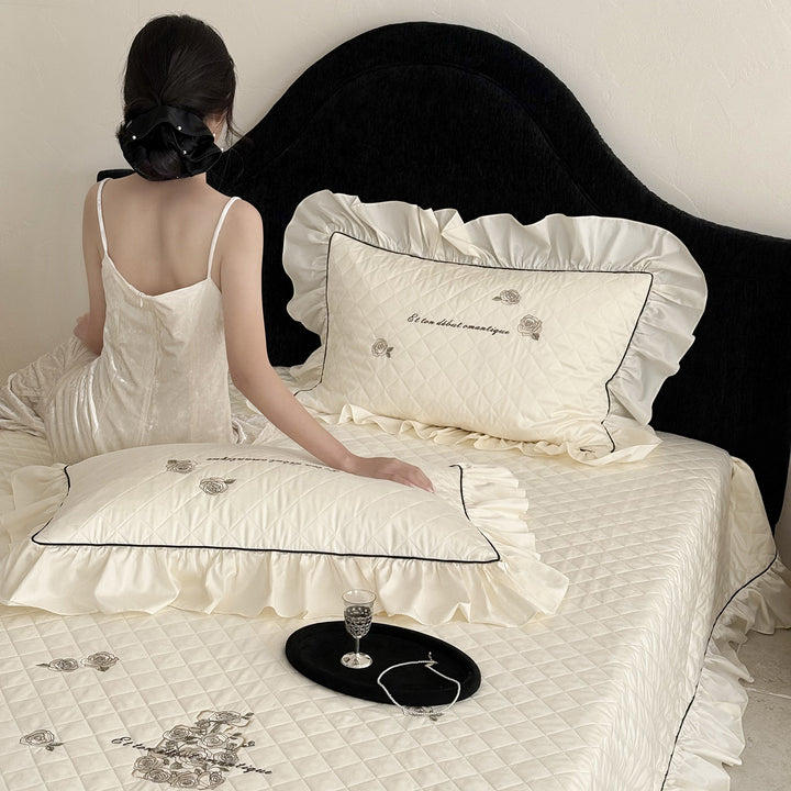 Quilted Ruffled Embroidered Bedspread Set with Matching Pillow Shams