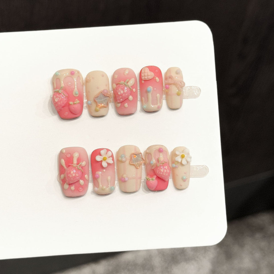 Decorative Press-On Nail Art Set with Unique 3D Charm Designs