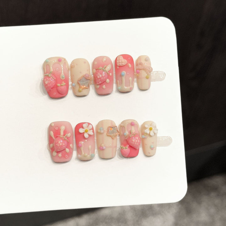 Decorative Press-On Nail Art Set with Unique 3D Charm Designs