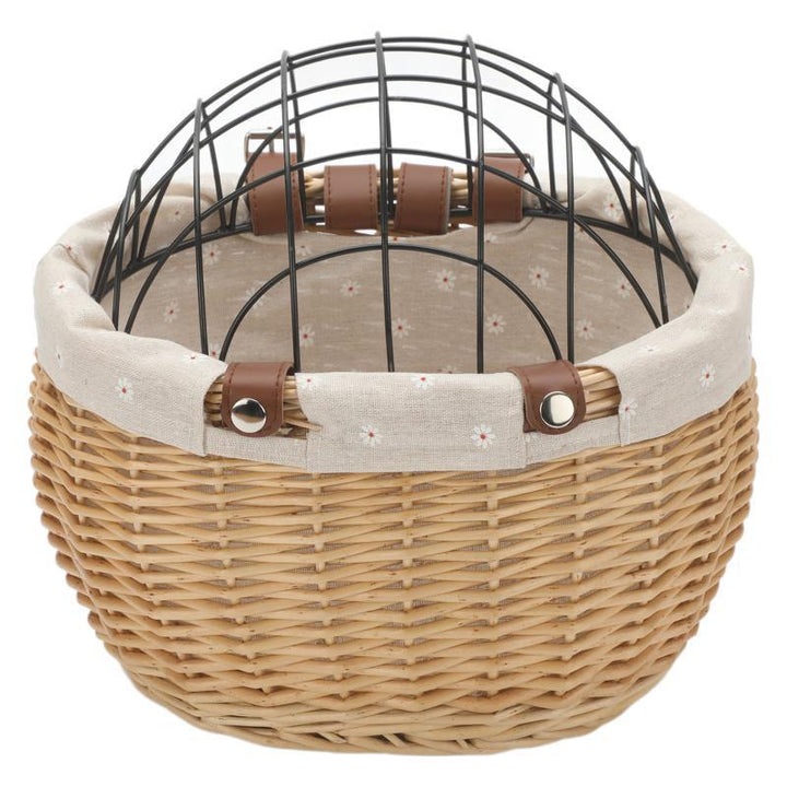 woven rattan pet carrier basket with collapsible metal dome and removable linen lining Stornfield