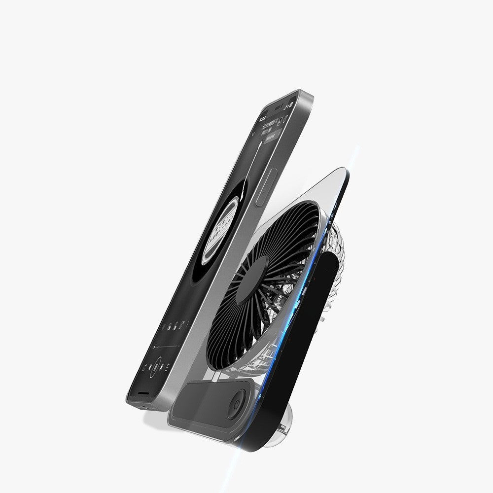 Cooling clear acrylic-framed rechargeable portable desk fan with digital battery percentage display and foldable handle Stornfield