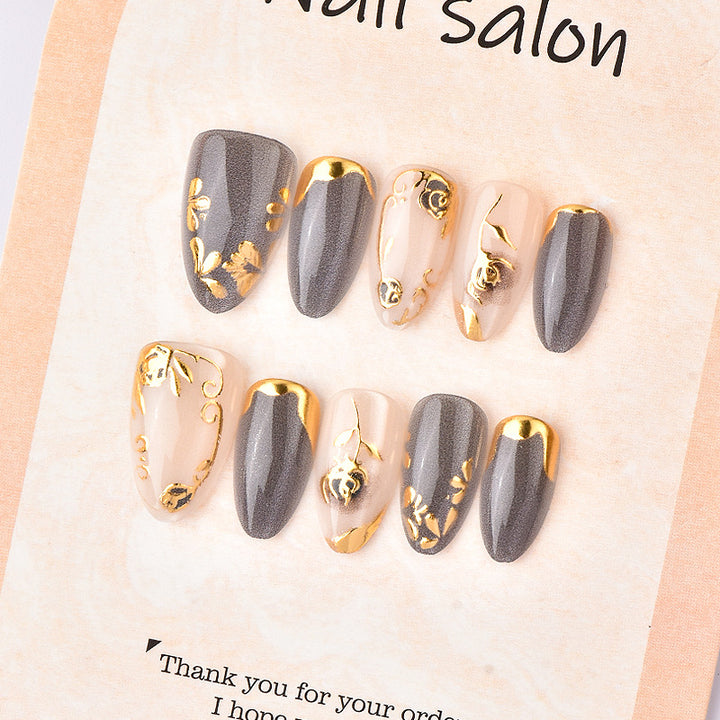Ornate Press-On Nail Art Set with Gold Floral Accents