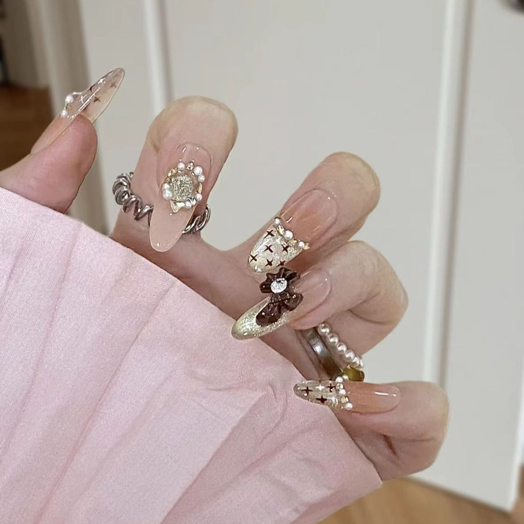 Artistic Stiletto Press-On Nail Set with Floral Embellishments Stornfield