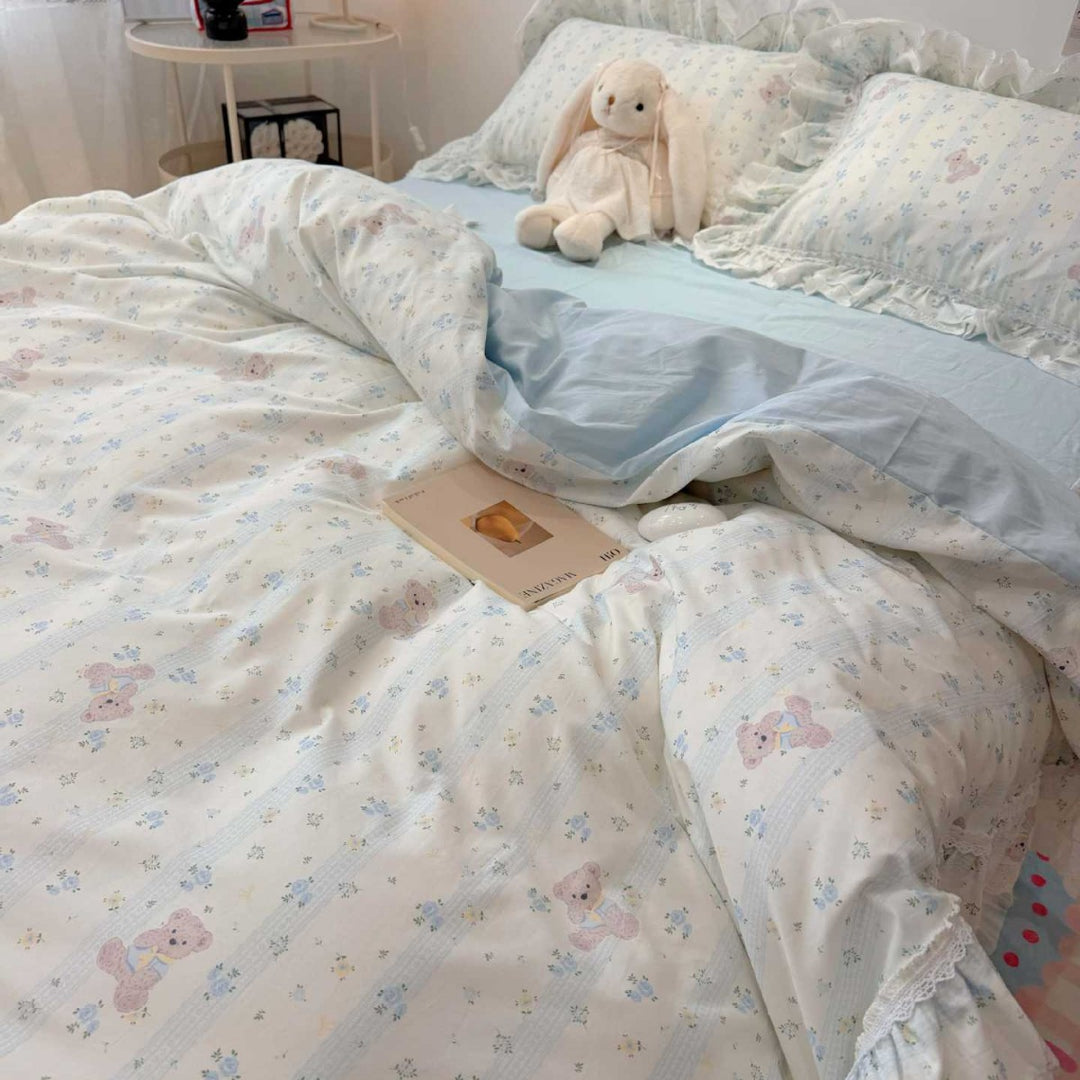 Ruffled Teddy-Pattern Cotton Sateen Duvet Cover Set with Reversible Sheet and Lace-Trim Pillow Shams