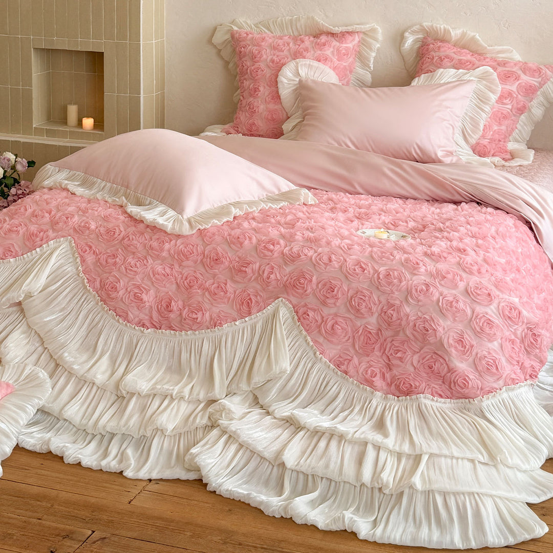 Ruffled Rosette Textured Duvet Cover Set with Pleated Layered Bed Skirt and Frilled Pillow Shams