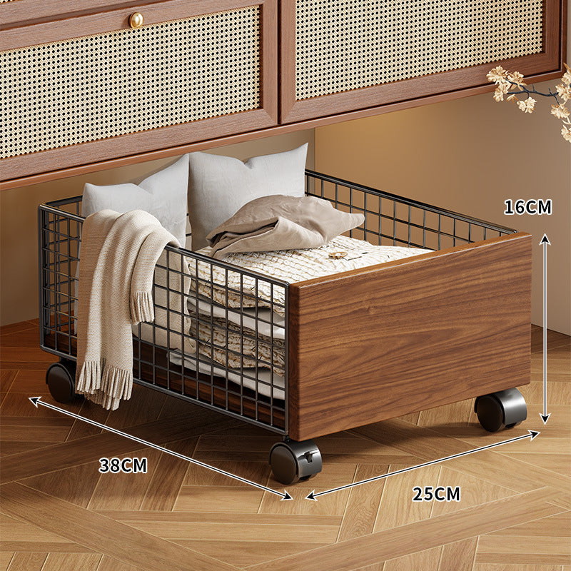 Low-Profile Rolling Underbed Storage Drawer with Metal Grid and Wood Panel