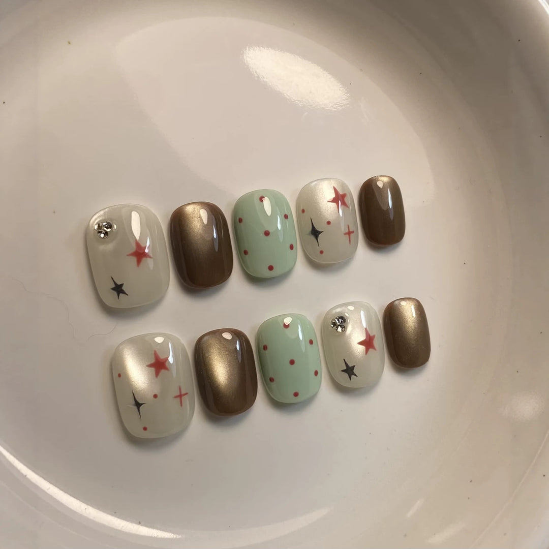 Decorative Press-On Nail Art Set with Star and Dot Patterns