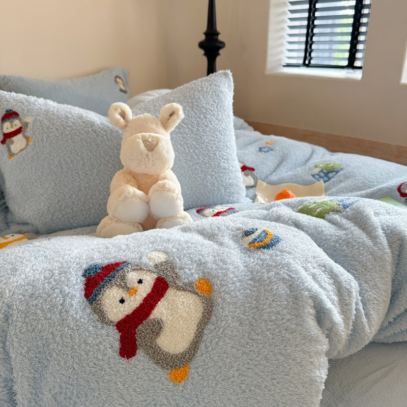 Plush Sherpa Embroidered Penguin Reversible Comforter Set with Pillow Shams and Decorative Cushion