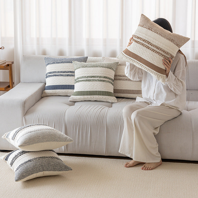Woven Cotton Textured Lumbar Throw Pillow Cover with Braided Stripe Embellishments