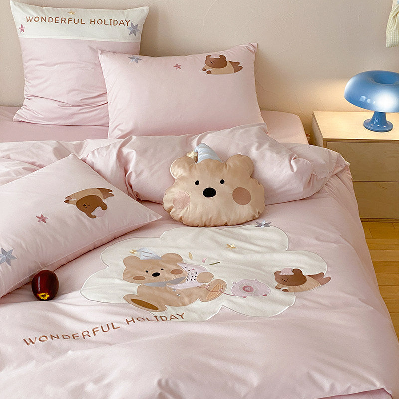 Children's Bear-Illustration Cotton-Blend Duvet Cover Set with Plush Cloud Cushion & Pillowcases