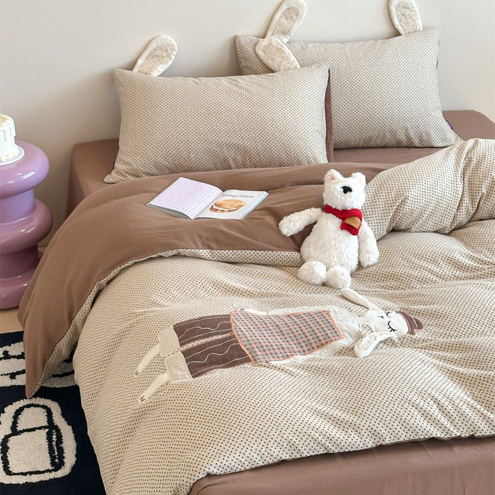 Reversible Cotton-Blend Duvet Cover Set with Appliqué Bunny Ears & Patchwork Doll Accent
