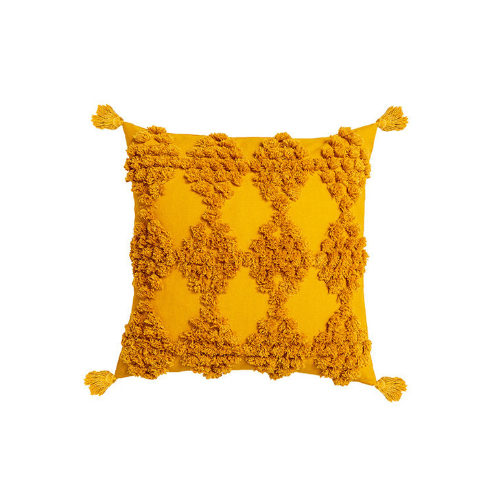 Decorative cushion cover with drawn leaf tufting and tassels Stornfield