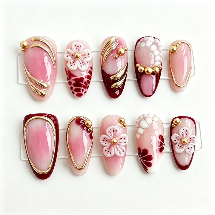 Artistic Press-On Nail Art Set with Floral and Gold Details Stornfield