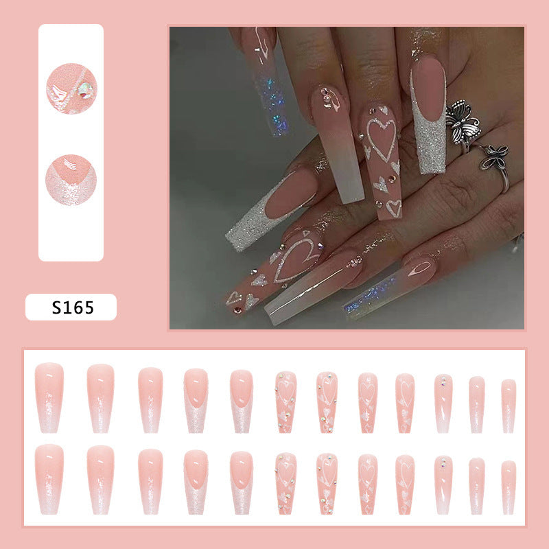 Elegant artificial nail tips with heart and glitter pattern Stornfield