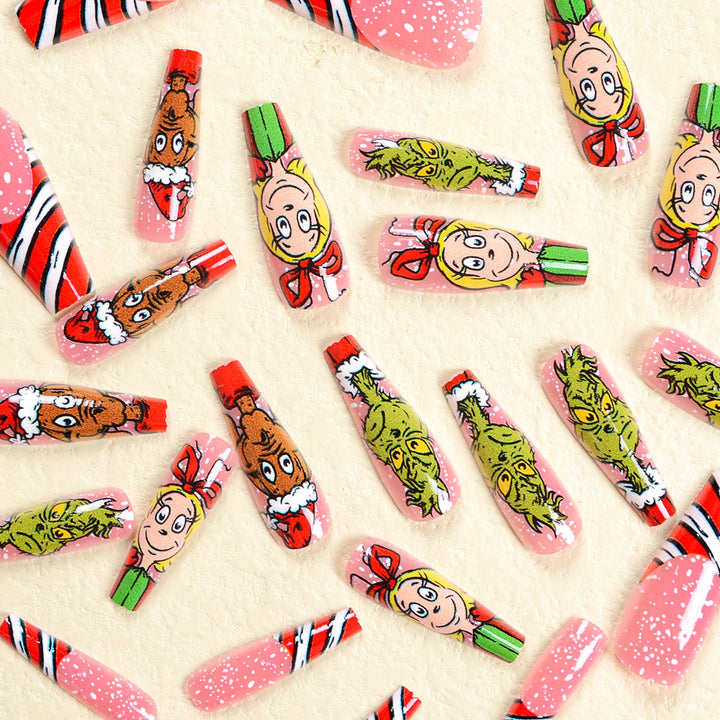 Artificial nail set with festive motifs and charming Grinch design Stornfield