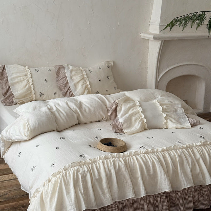 Ruffled Cotton Duvet Cover Set with Embroidered Floral Motif and Gingham Bed Skirt
