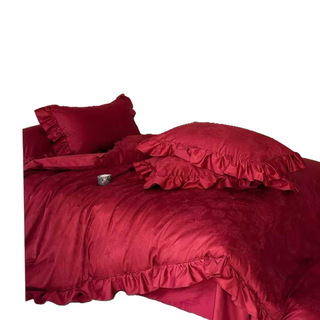 Ruffled Jacquard Cotton Duvet Cover Set with Embossed Floral Motif and Matching Pillow Shams