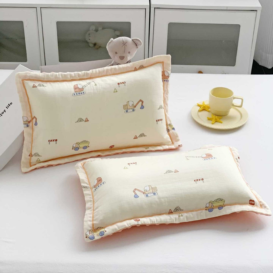 Baby Muslin Pillow Set with Bear Print & Soft Gauze Ruffled Edge