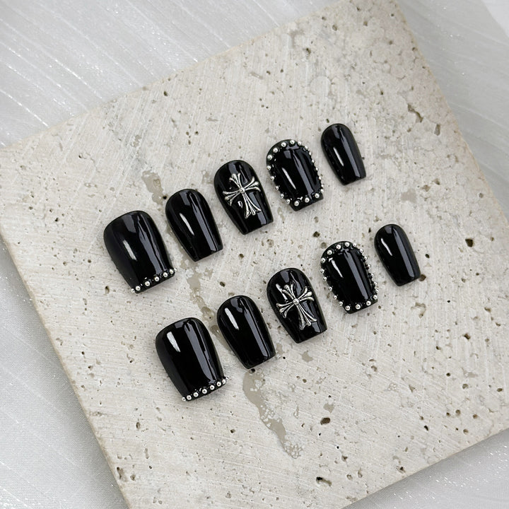 Decorative Press-On Nail Set with Silver Accents