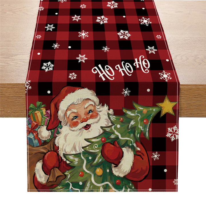 Festive Christmas Table Runner with Santa, Snowman & Reindeer Illustration