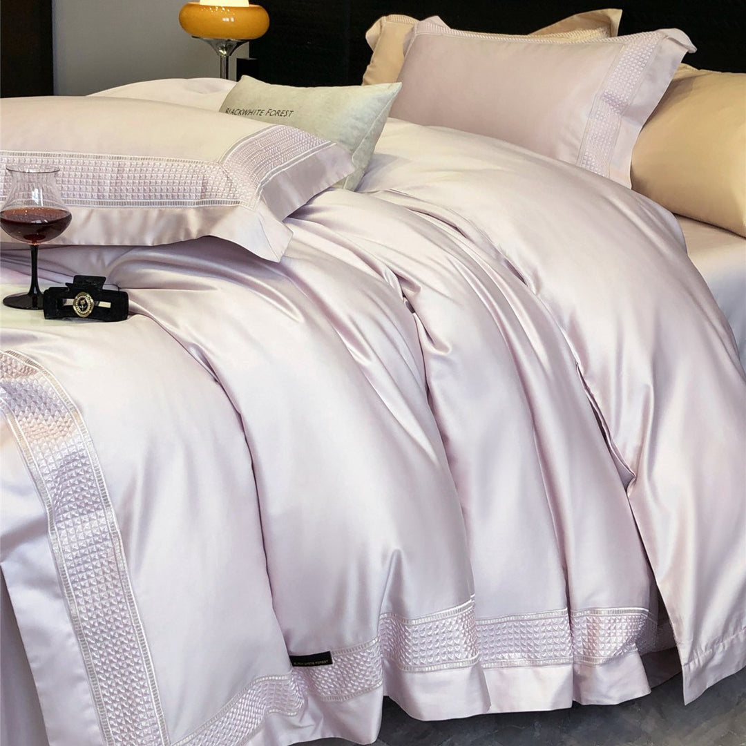 Luxury Satin-Feel Embroidered Duvet Cover Set with Decorative Hem & Pillow Shams