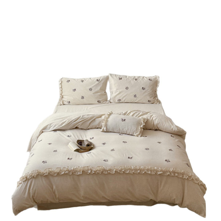 Botanical Embroidered Ruffled Cotton-Linen Duvet Cover Set with Frilled Pillow Shams