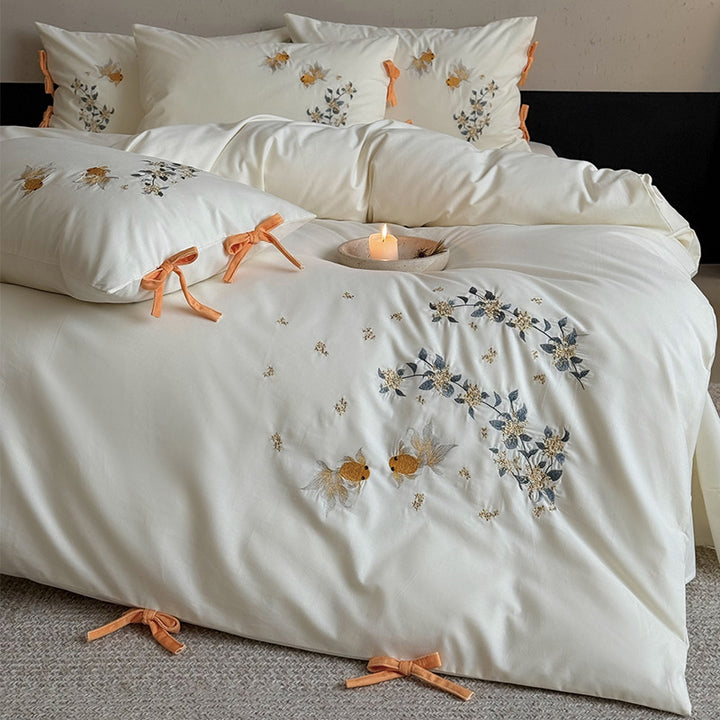 Embroidered Cotton-Sateen Duvet Cover Set with Goldfish Motif and Tie-Bow Closures