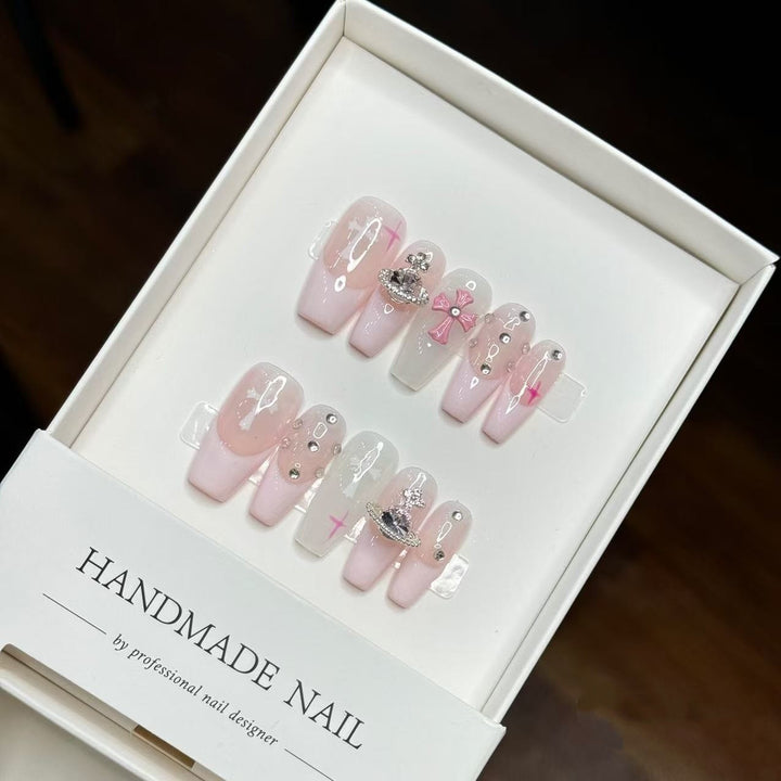 Decorative Press-On Nail Set with Elegant Stickers and Gem Accents