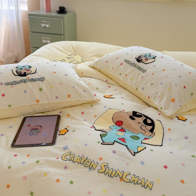 Children's Novelty Cartoon Embroidered Duvet Cover Set with Star Print