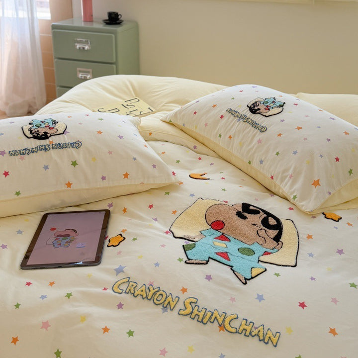 Children's Novelty Cartoon Embroidered Duvet Cover Set with Star Print