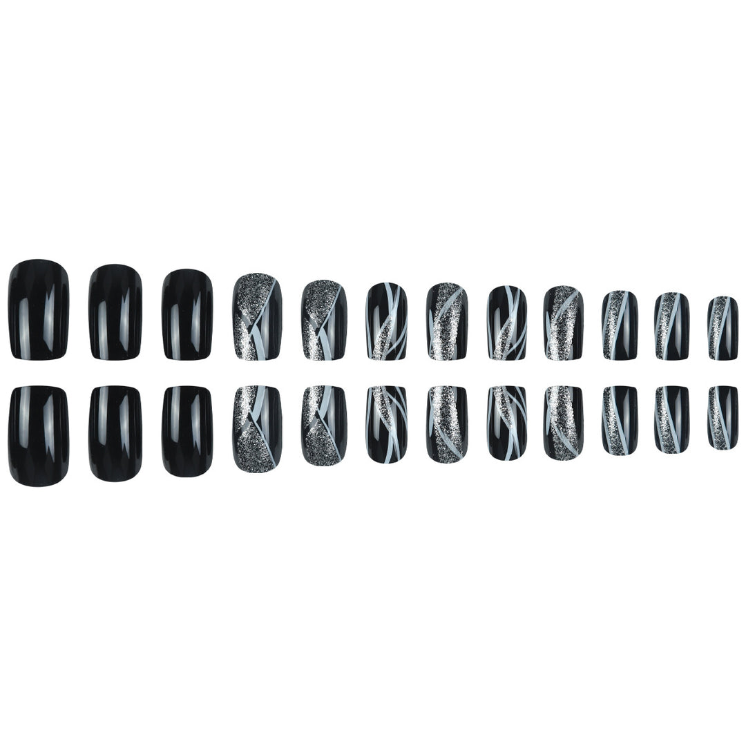 Stylish Press-On Nail Art with Glitter and Geometric Design Stornfield