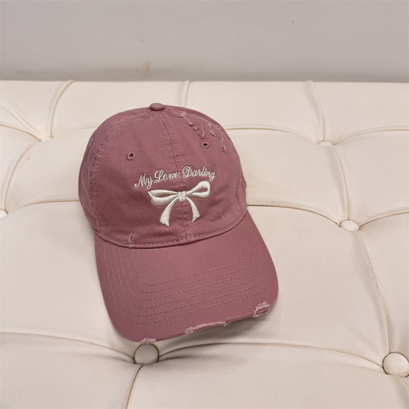 Women's Distressed Cotton Baseball Cap with Bow Embroidery Stornfield