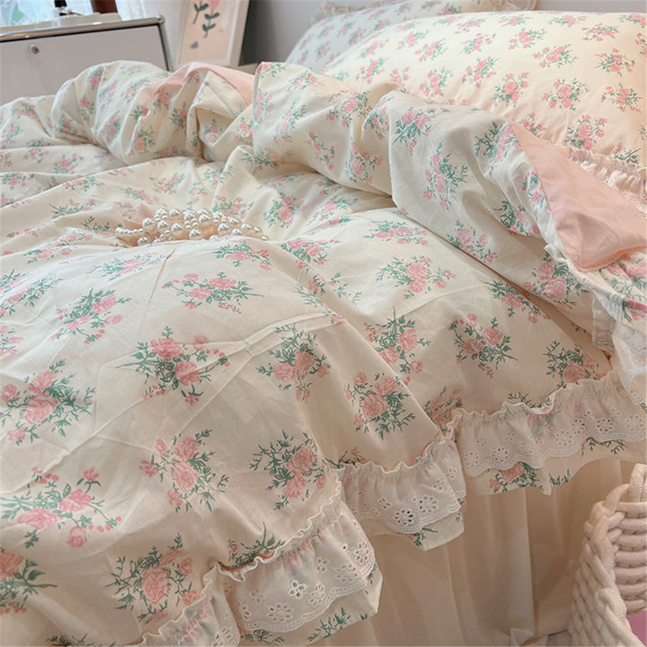 Ruffled Floral Lace-Trim Duvet Cover Set with Pillow Shams