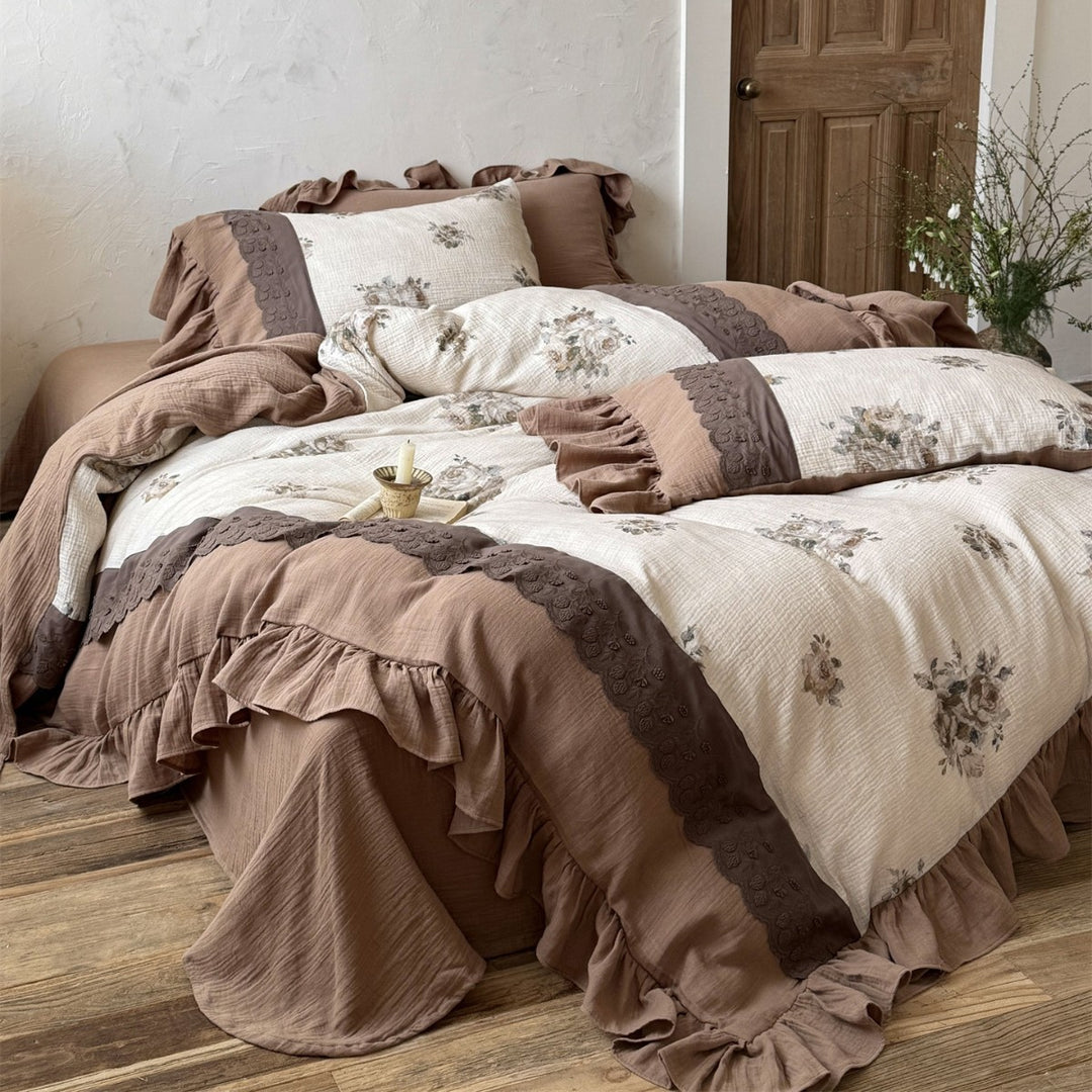 Ruffled Floral Cotton-Look Layered Duvet Cover Set with Embroidered Border