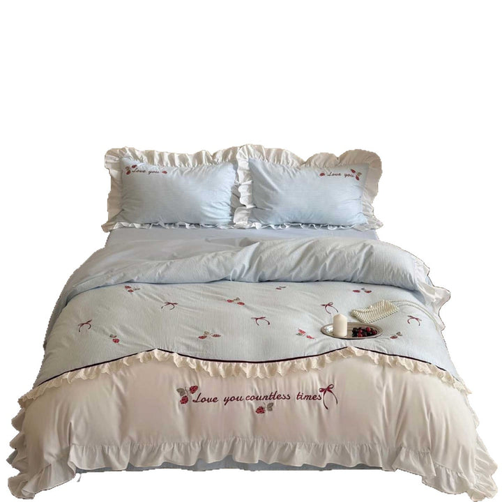 Ruffled Embroidered Cotton Duvet Cover Set with Romantic Rose Motif & Lace-Trim Pillow Shams