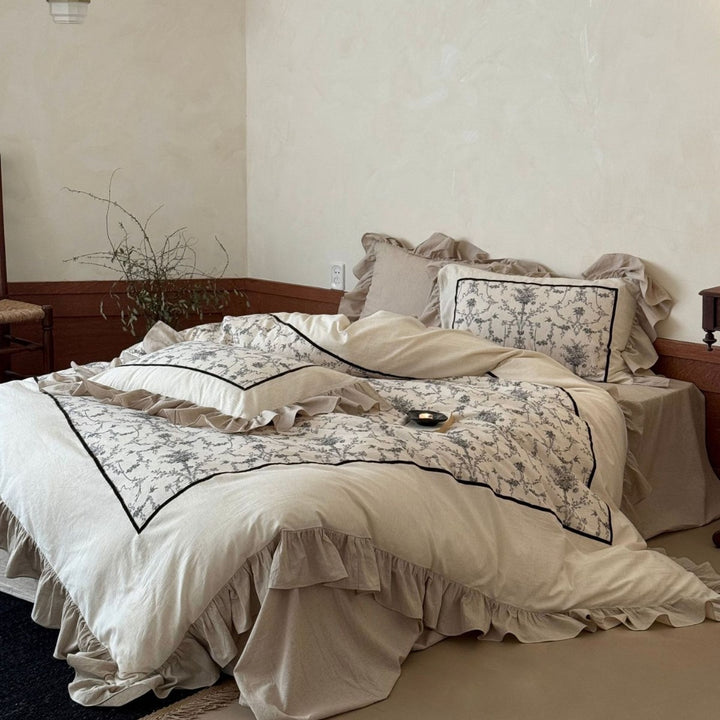 Ruffled Linen-Cotton Duvet Cover Set with Embroidered Toile Panel and Pillow Shams