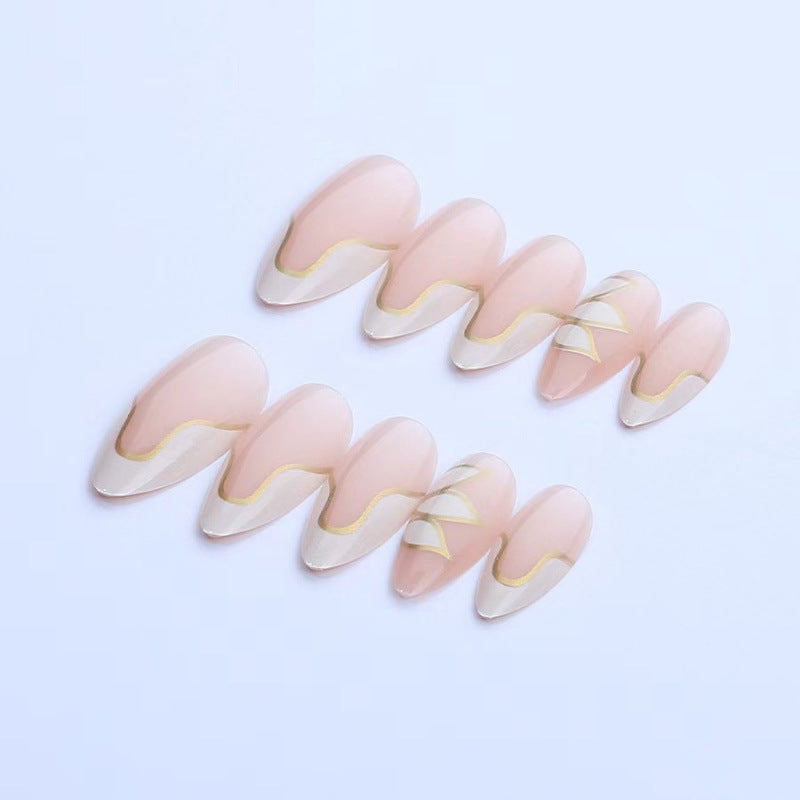 Elegant Glossy French Tip Press-On Nails with Gold Accents