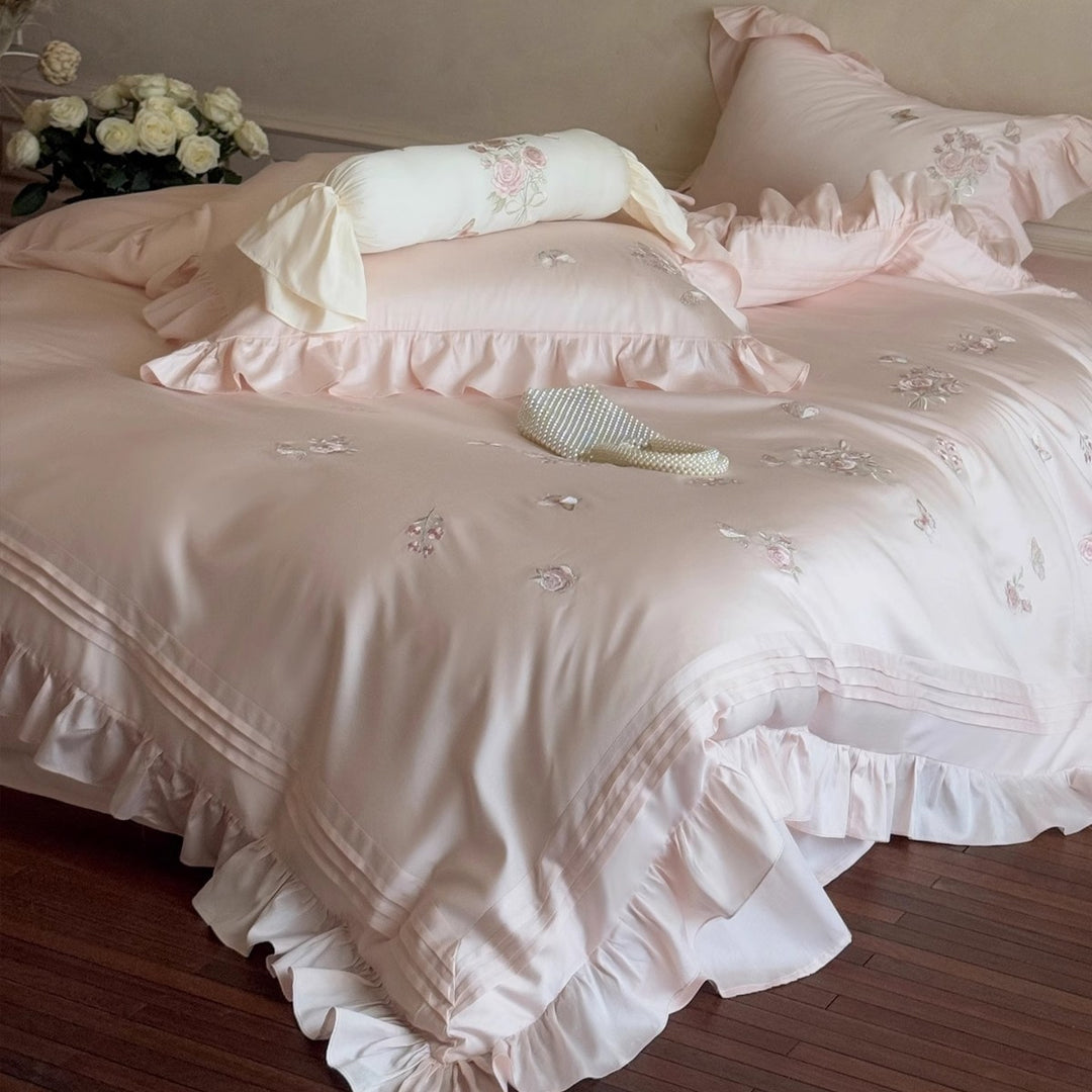 Romantic Embroidered Cotton-Sateen Ruffled Duvet Cover Set with Cylinder Bolster and Ruffled Oxford Shams