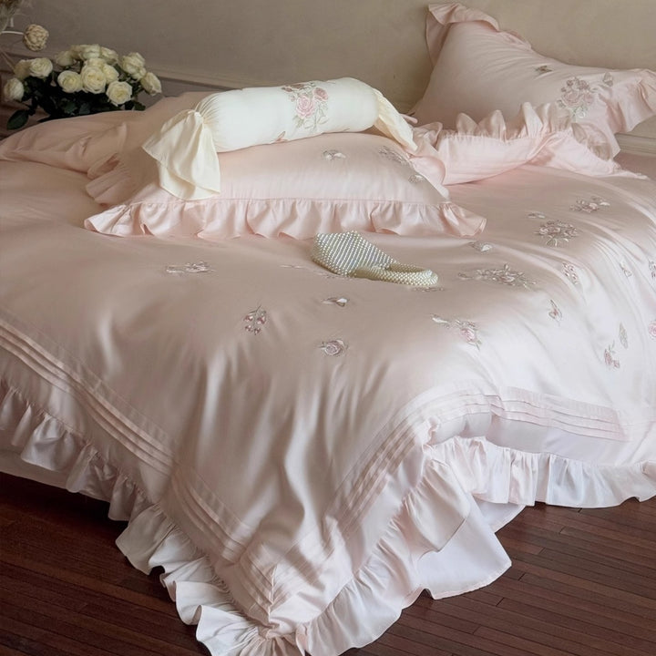 Romantic Embroidered Cotton-Sateen Ruffled Duvet Cover Set with Cylinder Bolster and Ruffled Oxford Shams