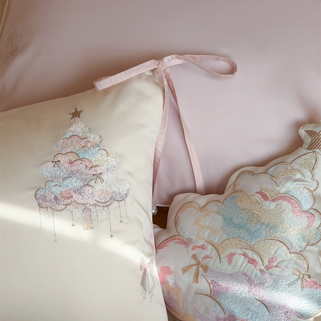 Pastel Cloud Embroidered Cotton Sateen Duvet Cover Set with Ribbon-Tie Shams
