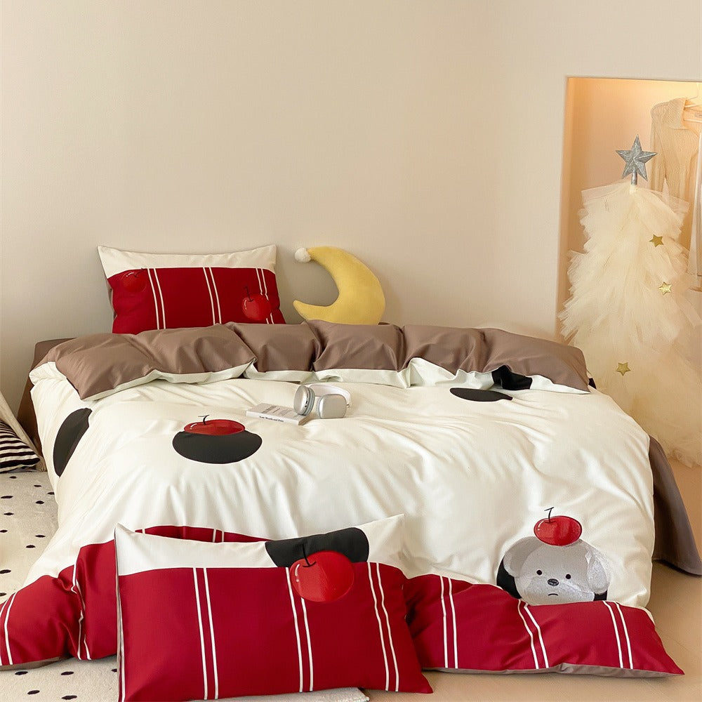 Graphic Cherry Print Cotton Sateen Duvet Cover Set with Contrast Border and Pillow Shams