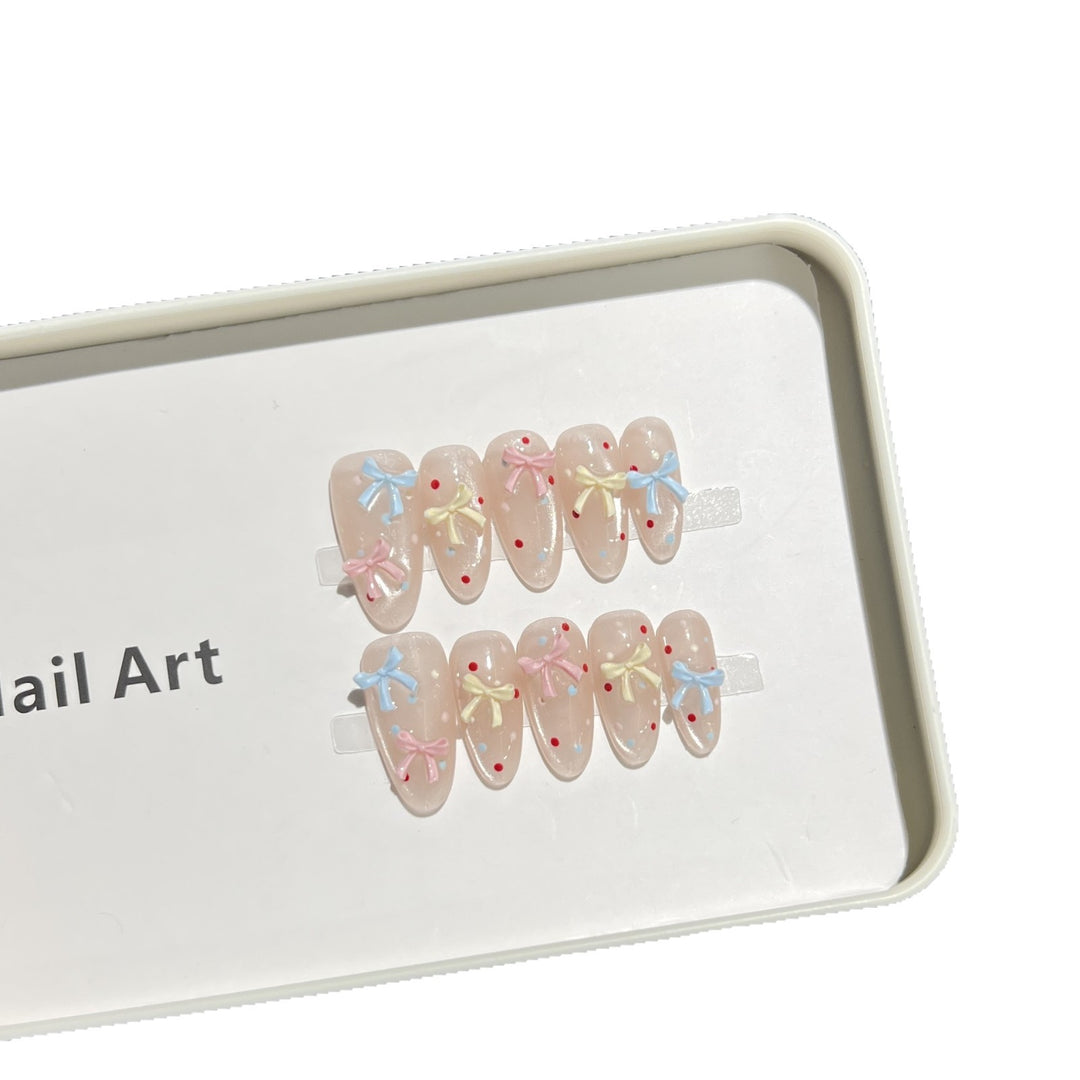 Decorative Press-On Nail Set with Charming Bow and Dots Stornfield
