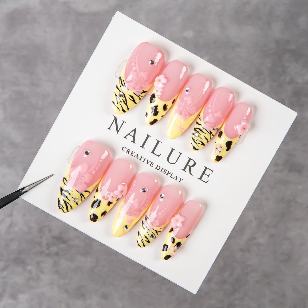 Artistic Stiletto Press-On Nail Set with Floral and Animal Print Accents